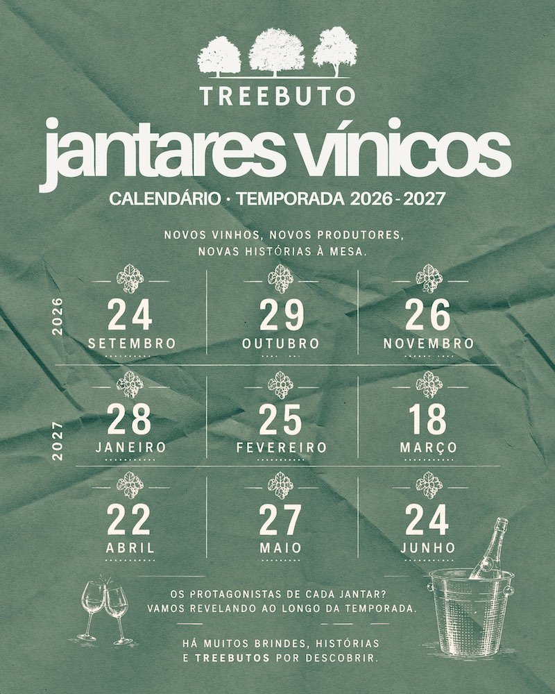 Calendário dos jantares vínicos Treebuto para a temporada 2026–2027