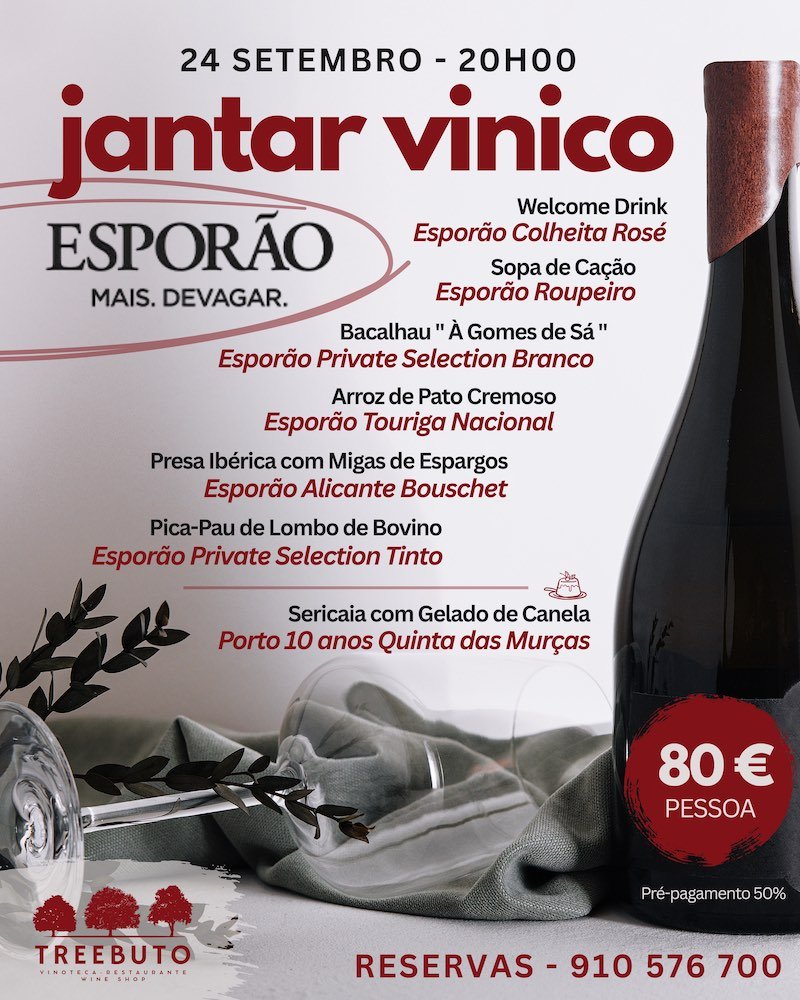 Jantar vínico Esporão no Treebuto, 24 de setembro às 20h00